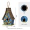 Set of 2 9.5''H Distressed Solid Wood Decorative Outdoor Garden Birdhouse with Natural Wood Slatted Roof and 3D Tree